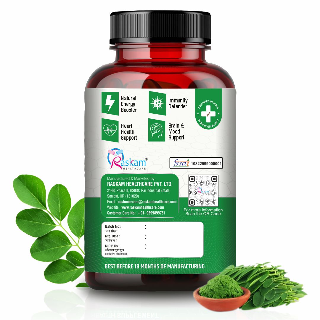 Raskam Organic Moringa Tablet with 1200mg moringa Leaves Extract | Moringa Powder Tablets for Immunity, Digestion & Energy | Moringa Leaves 120 Tablets