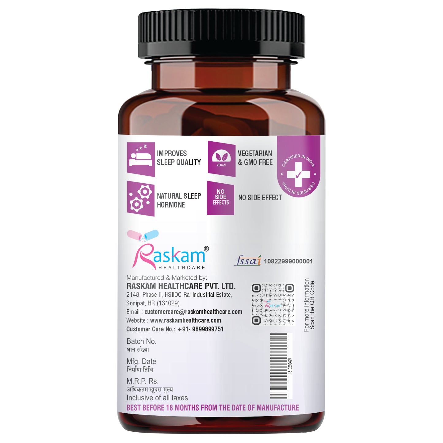 Raskam Melatonin 5mg- 100 capsules- Promotes Sleep and Relaxation