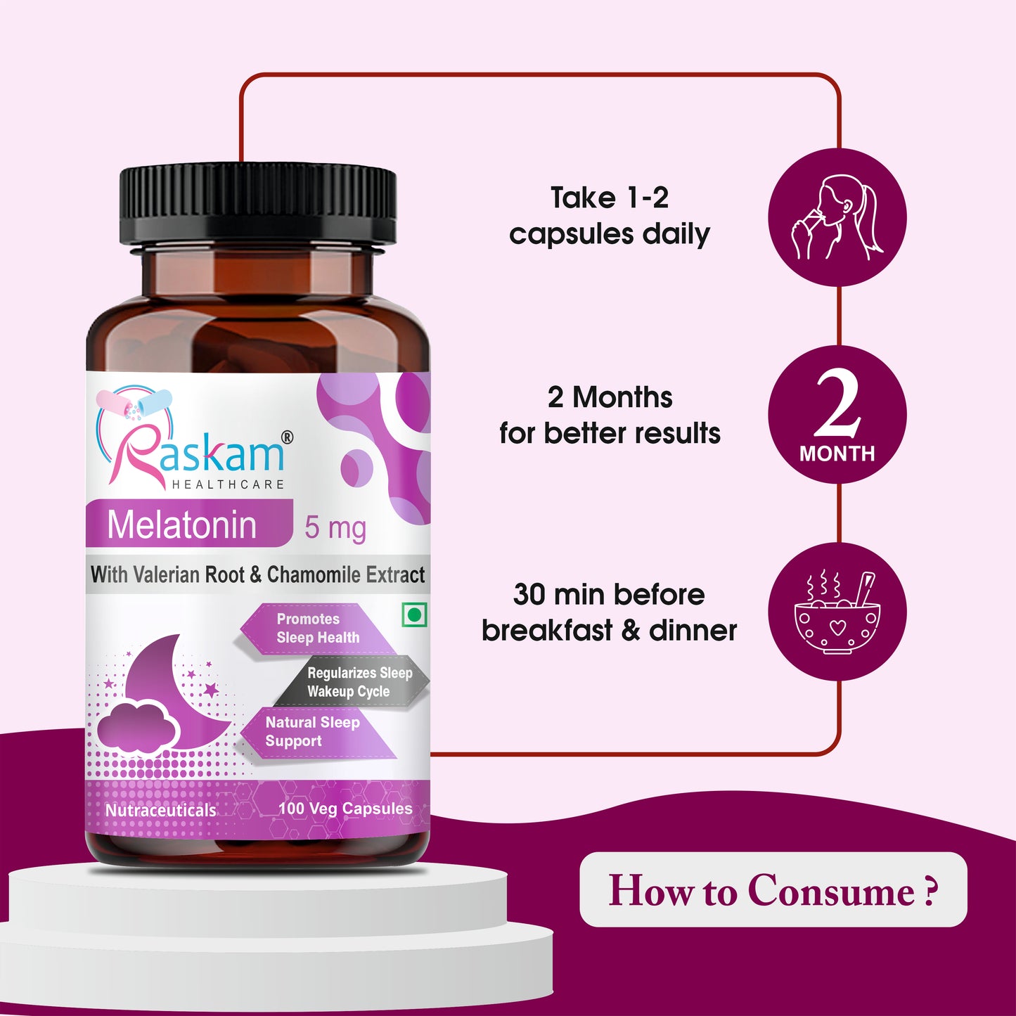 Raskam Melatonin 5mg- 100 capsules- Promotes Sleep and Relaxation