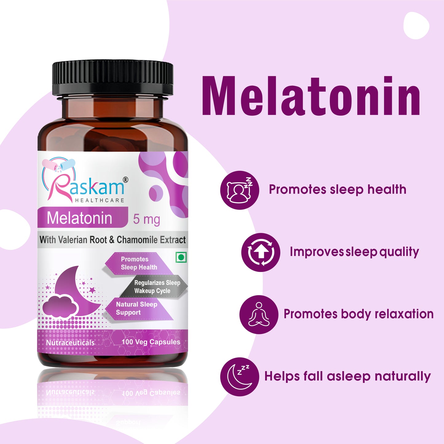 Raskam Melatonin 5mg- 100 capsules- Promotes Sleep and Relaxation