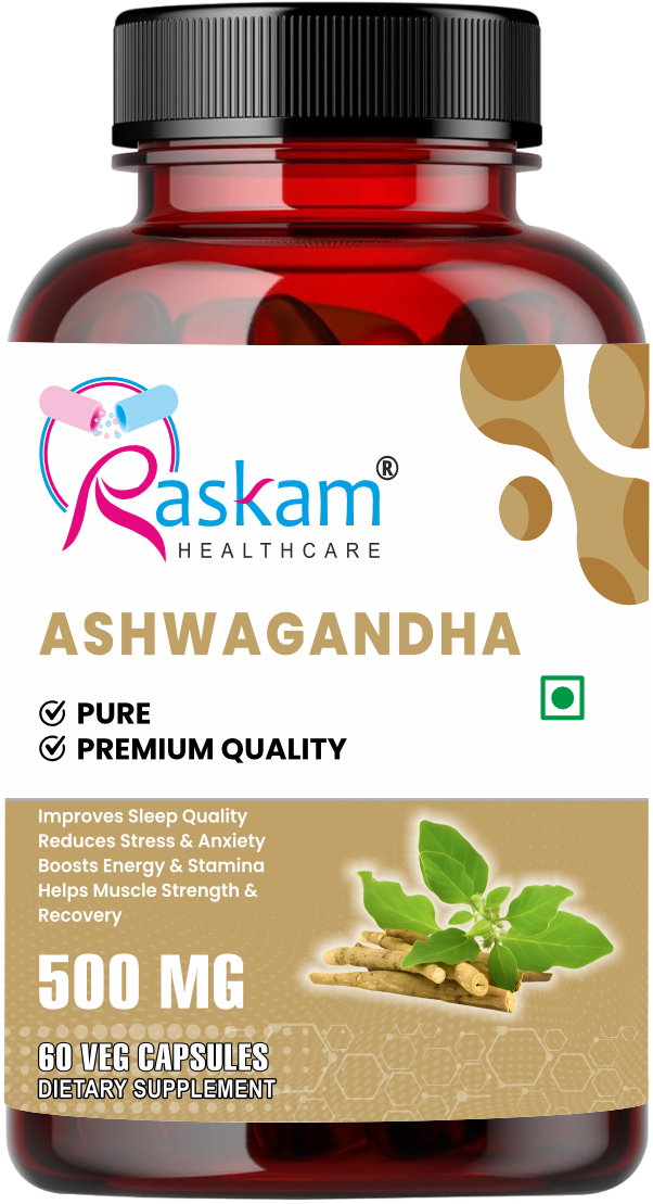 Raskam Ashwagandha - 60 Veg Capsules Boost Energy, Strength, Stamina | Helps Anxiety & Stress Relief For Men & Women