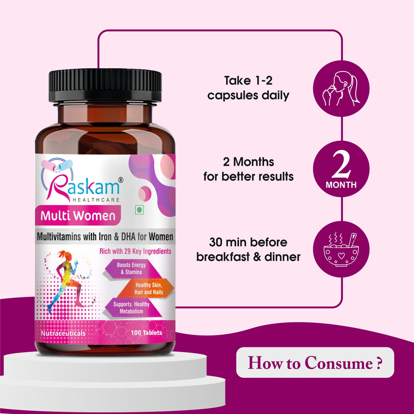 Raskam Multi Women - 100 Tablets-No.1 Multivitamin for Women with Biotin, Vitamin C & 29 vital Nutrients for Overall Health, Radiance, Strong Bones & Immunity