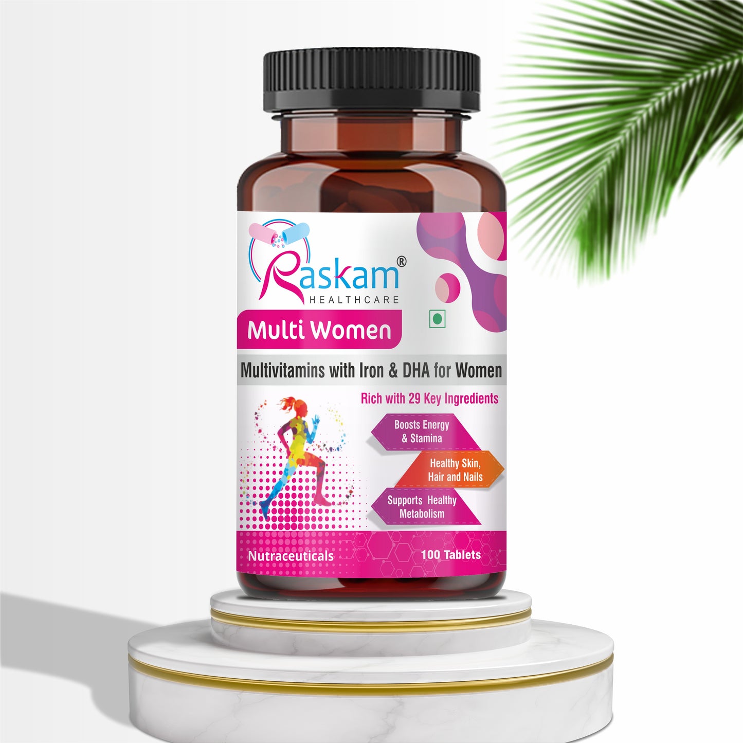 Raskam Multi Women - 100 Tablets-No.1 Multivitamin for Women with Biotin, Vitamin C & 29 vital Nutrients for Overall Health, Radiance, Strong Bones & Immunity