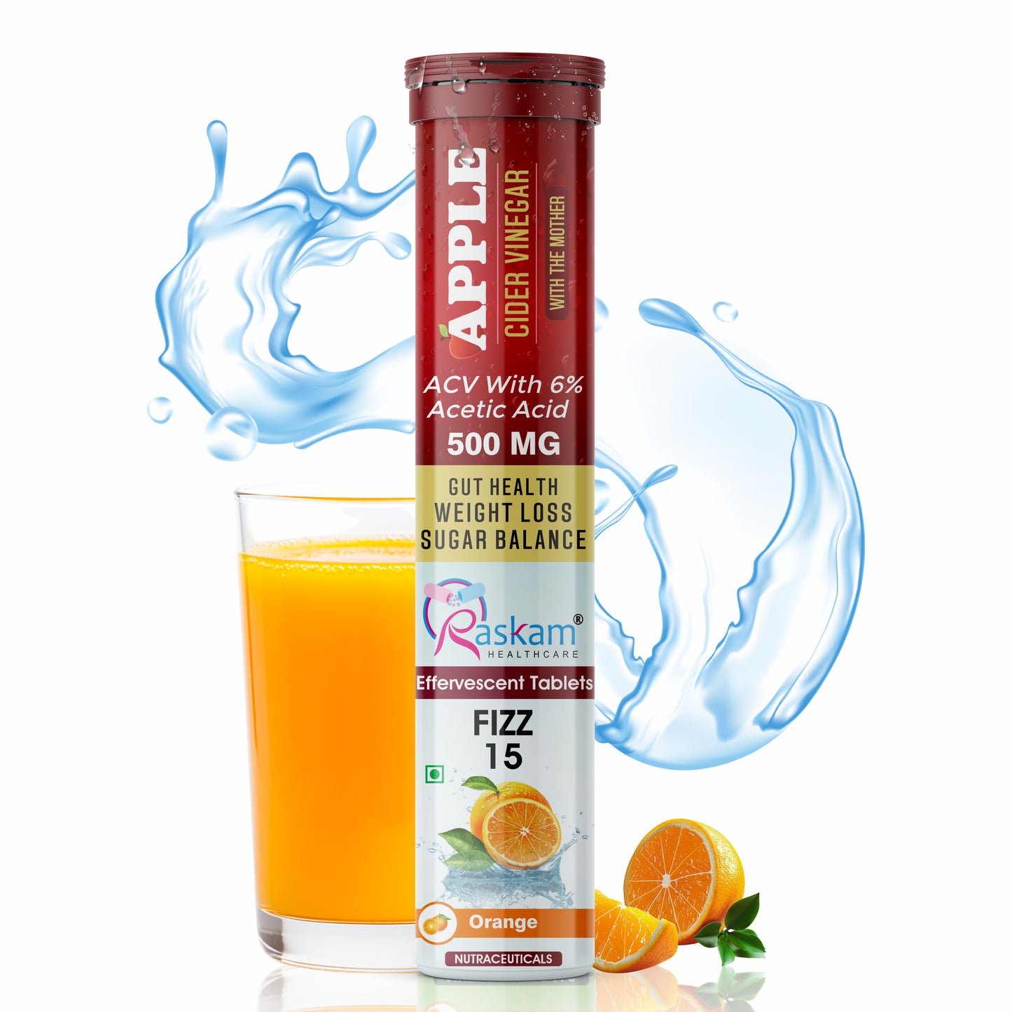 Raskam Apple Cider Vinegar Effervescent Tablets | ACV for Digestion, Gut Health, Metabolism & Weight Management | No Added Sugar | Zesty Orange Flavor | 15 Fizz Tablets (500mg)