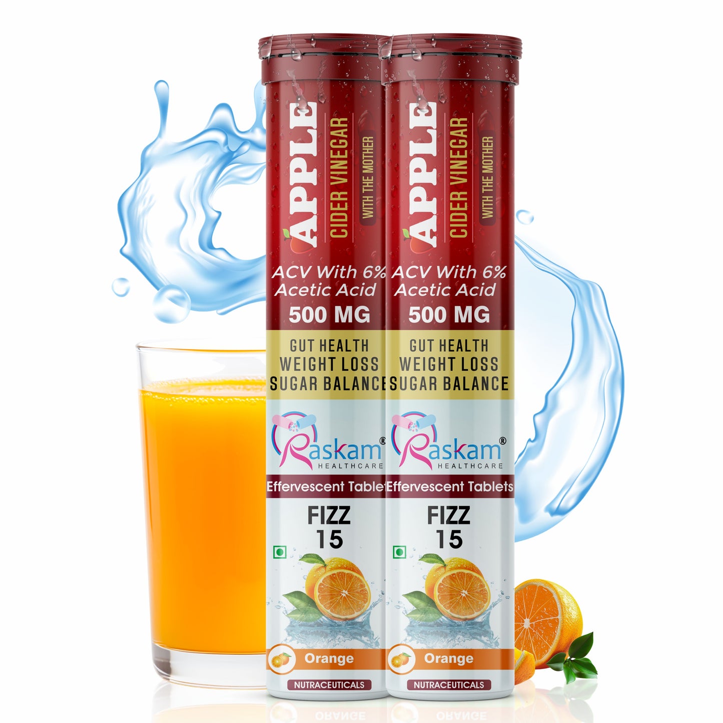Raskam Apple Cider Vinegar Effervescent Tablets | ACV for Digestion, Gut Health, Metabolism & Weight Management | No Added Sugar | Zesty Orange Flavor | 15 Fizz Tablets (500mg)