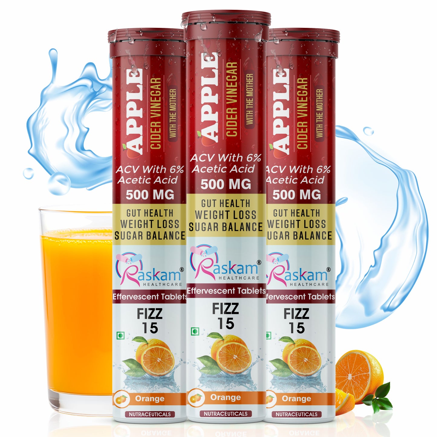 Raskam Apple Cider Vinegar Effervescent Tablets | ACV for Digestion, Gut Health, Metabolism & Weight Management | No Added Sugar | Zesty Orange Flavor | 15 Fizz Tablets (500mg)