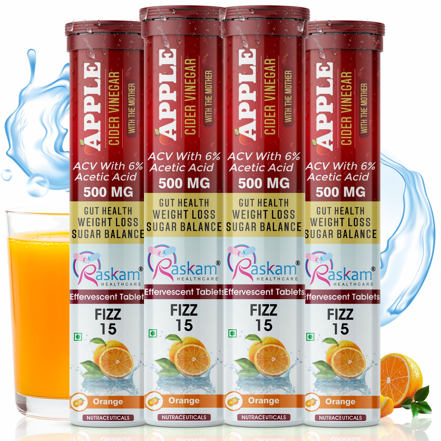 Raskam Apple Cider Vinegar Effervescent Tablets | ACV for Digestion, Gut Health, Metabolism & Weight Management | No Added Sugar | Zesty Orange Flavor | 15 Fizz Tablets (500mg)