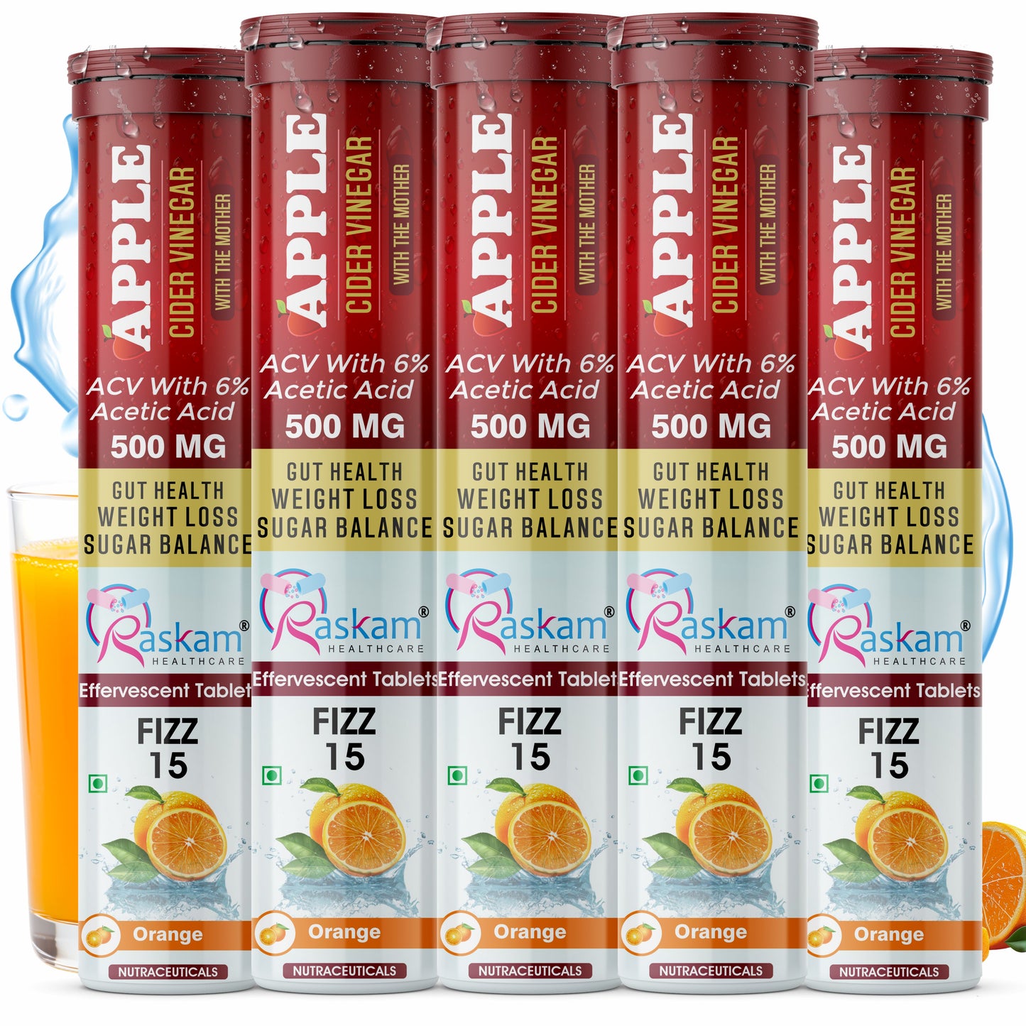 Raskam Apple Cider Vinegar Effervescent Tablets | ACV for Digestion, Gut Health, Metabolism & Weight Management | No Added Sugar | Zesty Orange Flavor | 15 Fizz Tablets (500mg)