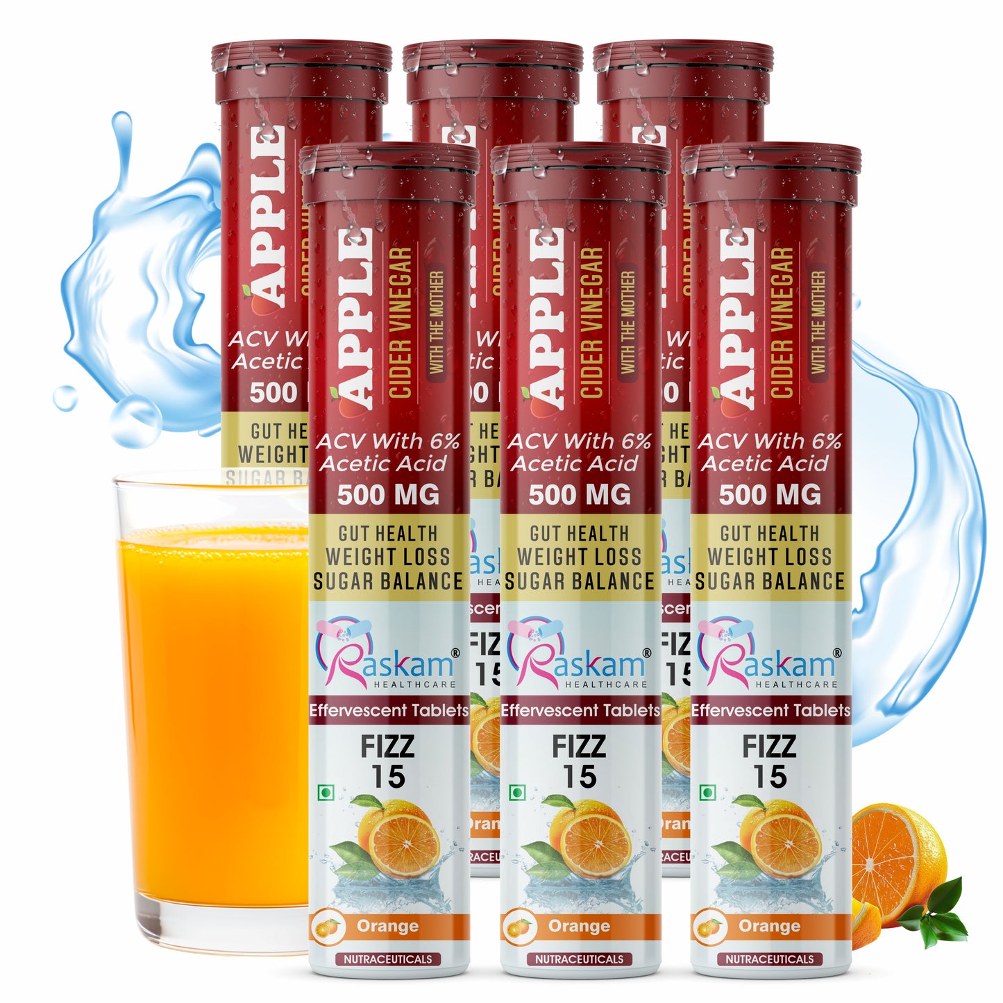 Raskam Apple Cider Vinegar Effervescent Tablets | ACV for Digestion, Gut Health, Metabolism & Weight Management | No Added Sugar | Zesty Orange Flavor | 15 Fizz Tablets (500mg)