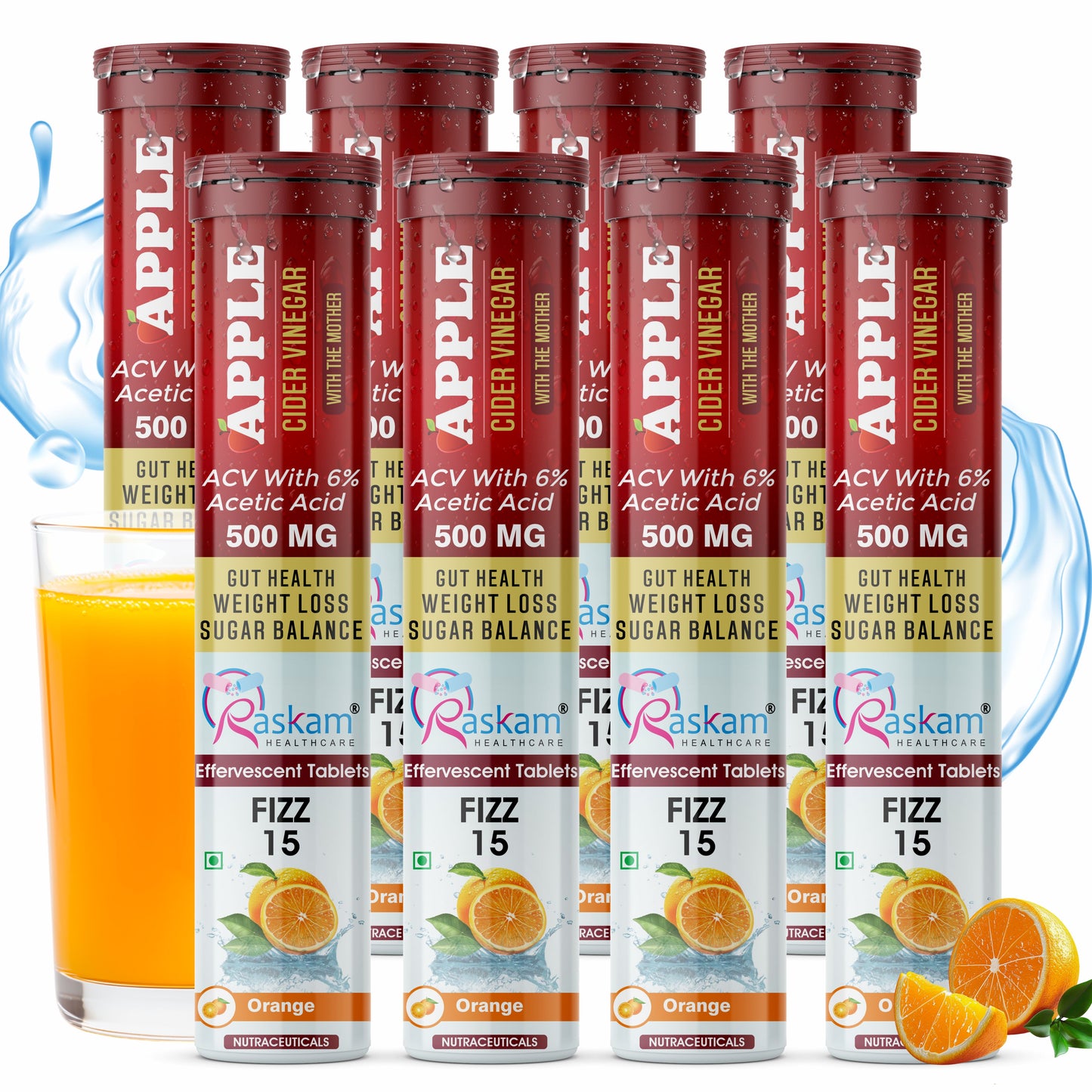Raskam Apple Cider Vinegar Effervescent Tablets | ACV for Digestion, Gut Health, Metabolism & Weight Management | No Added Sugar | Zesty Orange Flavor | 15 Fizz Tablets (500mg)