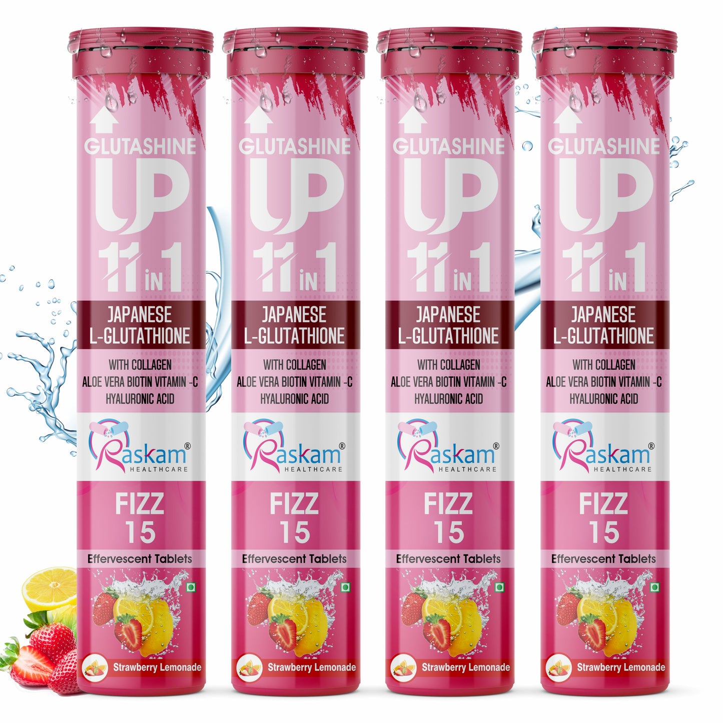 Raskam Glutashine Up 11 In 1 |Japanese L-Glutathione With Collagen | Aloe vera| Biotin | Vitamin-C | Hyaluronic Acid For Skin Glow & Hydration | 15 Fizz Tablets | In Mix Berry Flavor