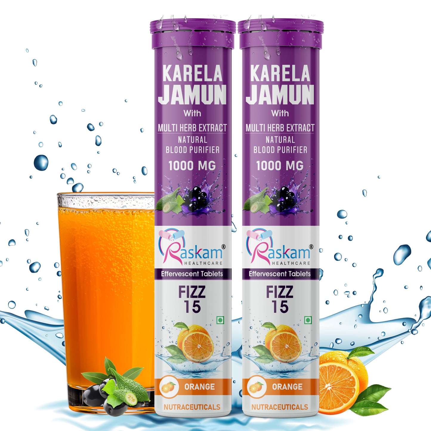 Raskam Karela Jamun with Multi Herb Extract Effervescent Tablets | Helps in High Sugar Condition | Promotes Healthy Glucose Metabolism | Diabetes Management | Boosts Digestive Health | Blue Raspberry Flavor 15 Fizz Tablets