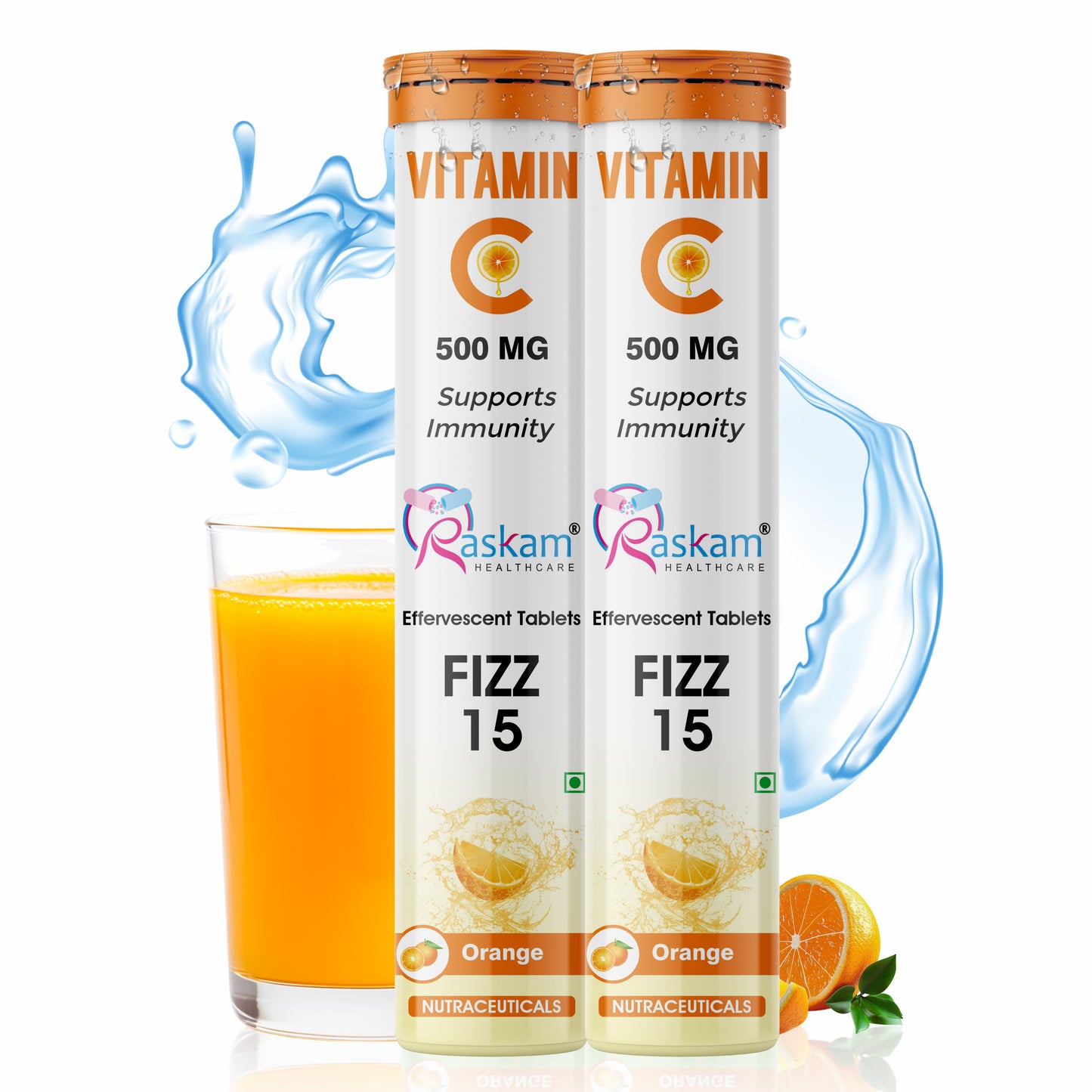 Raskam Vitamin C Effervescent Tablets with Zinc + Vitamin D3 | Natural and Organic Immunity Booster | Refreshing Orange Flavor | 500mg Vitamin C (Pack of 15 Effervescent Tablets)