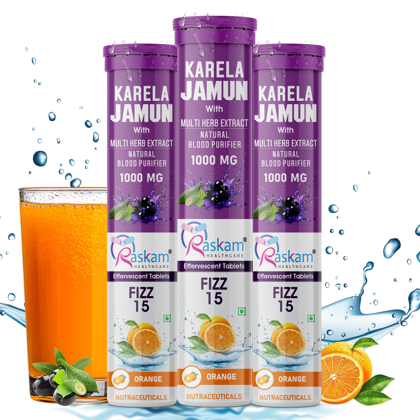 Raskam Karela Jamun with Multi Herb Extract Effervescent Tablets | Helps in High Sugar Condition | Promotes Healthy Glucose Metabolism | Diabetes Management | Boosts Digestive Health | Blue Raspberry Flavor 15 Fizz Tablets