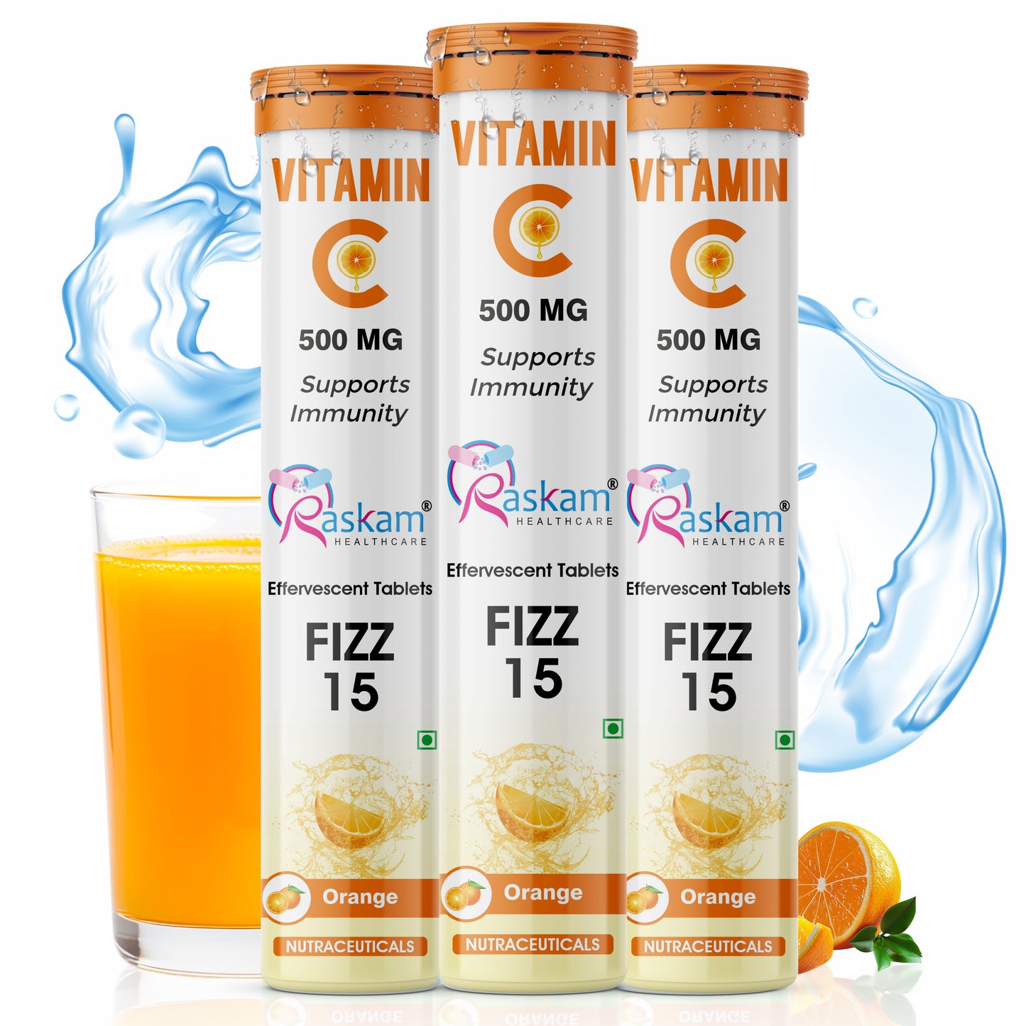 Raskam Vitamin C Effervescent Tablets with Zinc + Vitamin D3 | Natural and Organic Immunity Booster | Refreshing Orange Flavor | 500mg Vitamin C (Pack of 15 Effervescent Tablets)