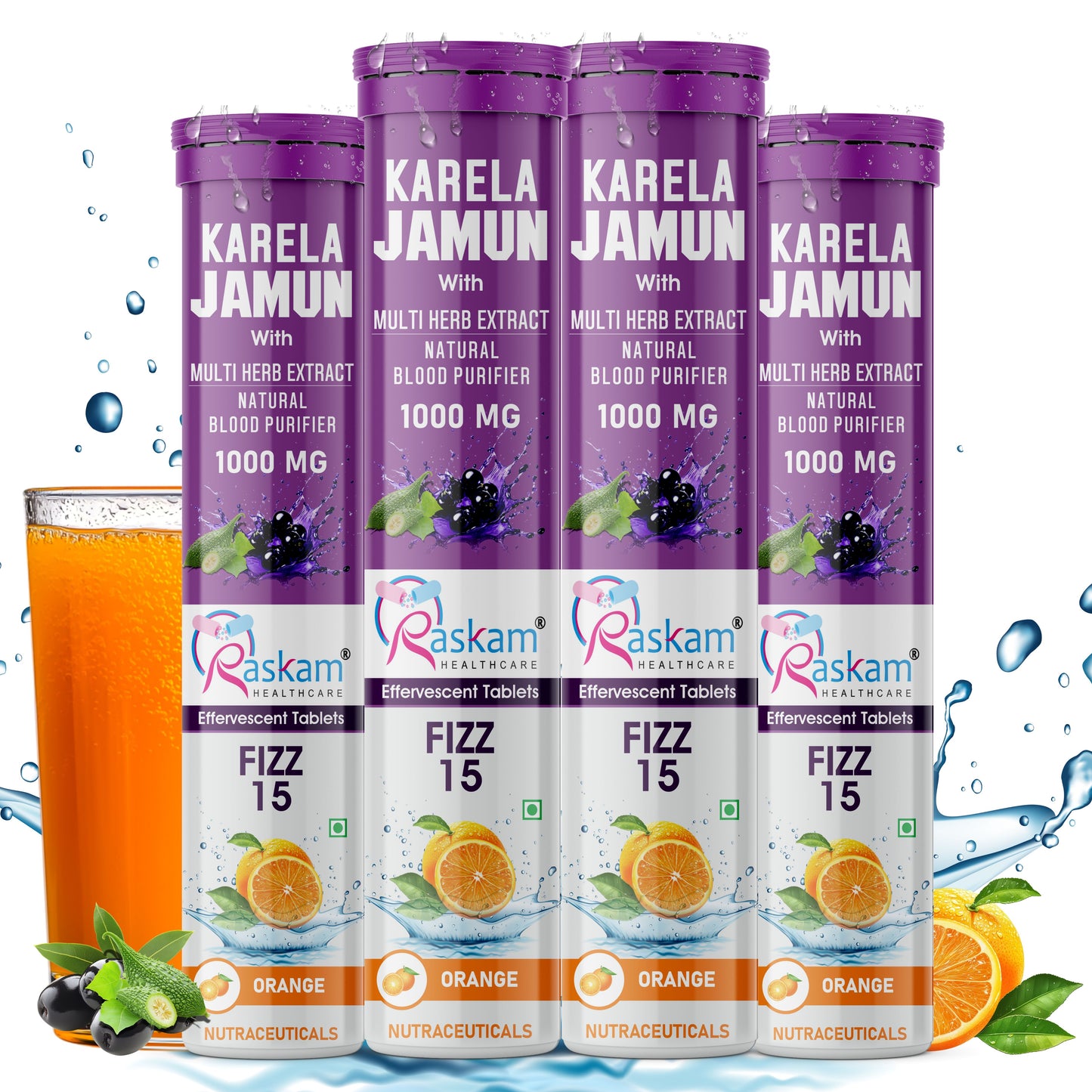 Raskam Karela Jamun with Multi Herb Extract Effervescent Tablets | Helps in High Sugar Condition | Promotes Healthy Glucose Metabolism | Diabetes Management | Boosts Digestive Health | Blue Raspberry Flavor 15 Fizz Tablets