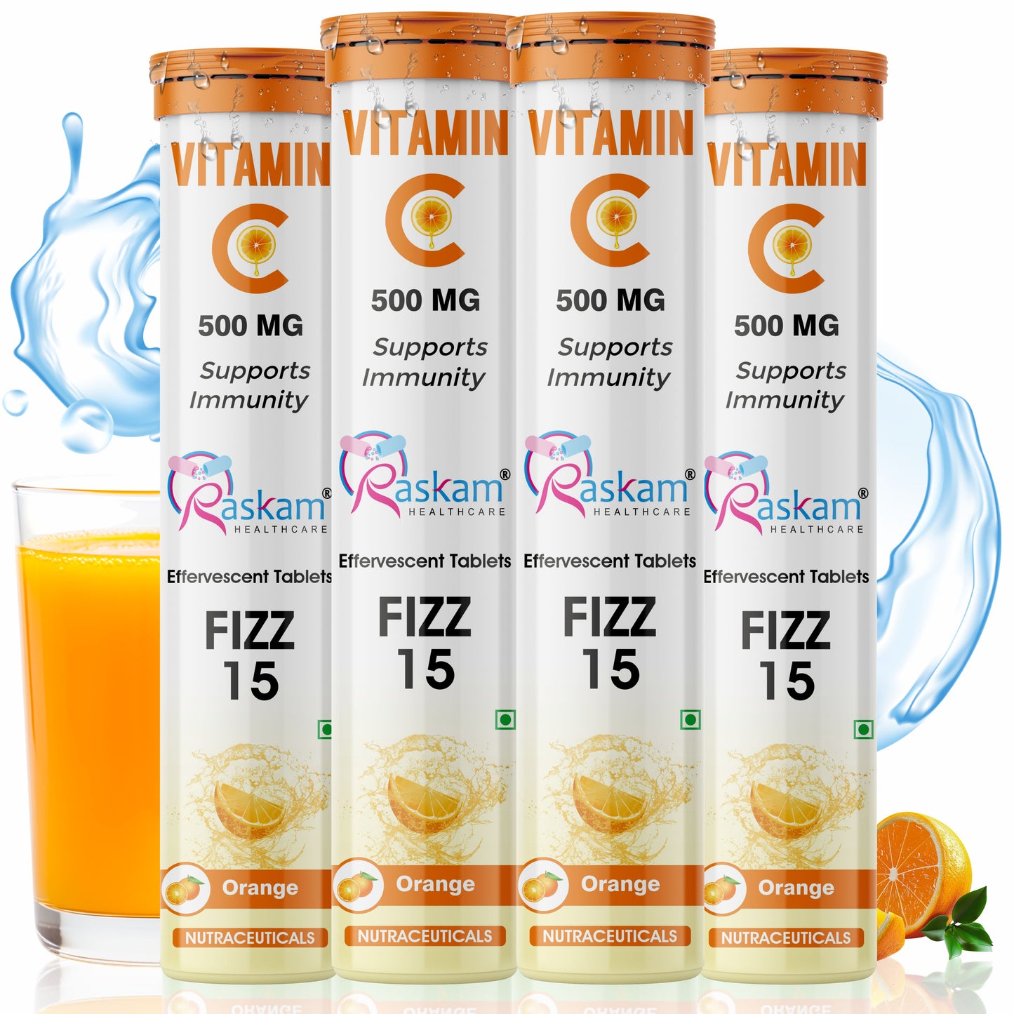 Raskam Vitamin C Effervescent Tablets with Zinc + Vitamin D3 | Natural and Organic Immunity Booster | Refreshing Orange Flavor | 500mg Vitamin C (Pack of 15 Effervescent Tablets)