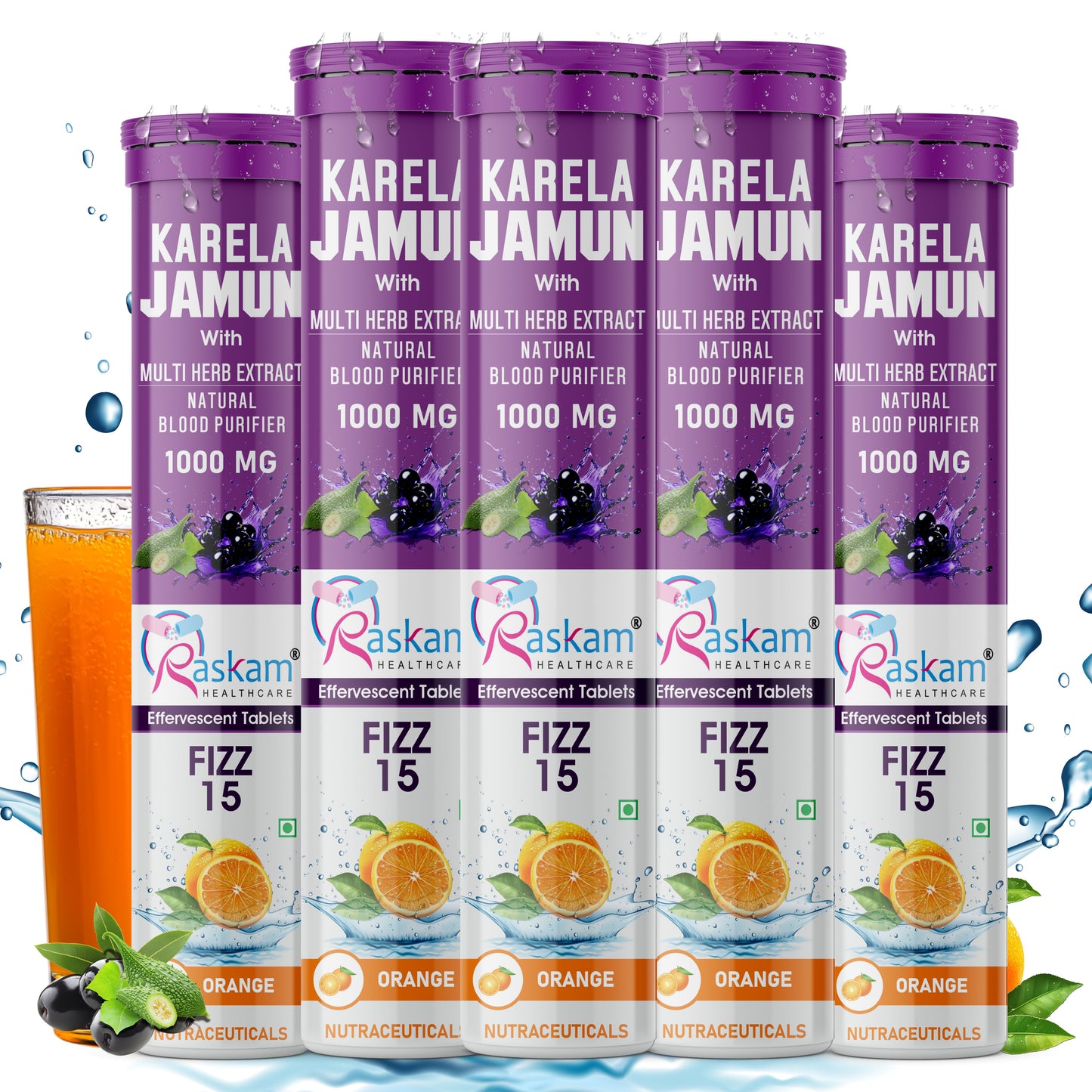 Raskam Karela Jamun with Multi Herb Extract Effervescent Tablets | Helps in High Sugar Condition | Promotes Healthy Glucose Metabolism | Diabetes Management | Boosts Digestive Health | Blue Raspberry Flavor 15 Fizz Tablets