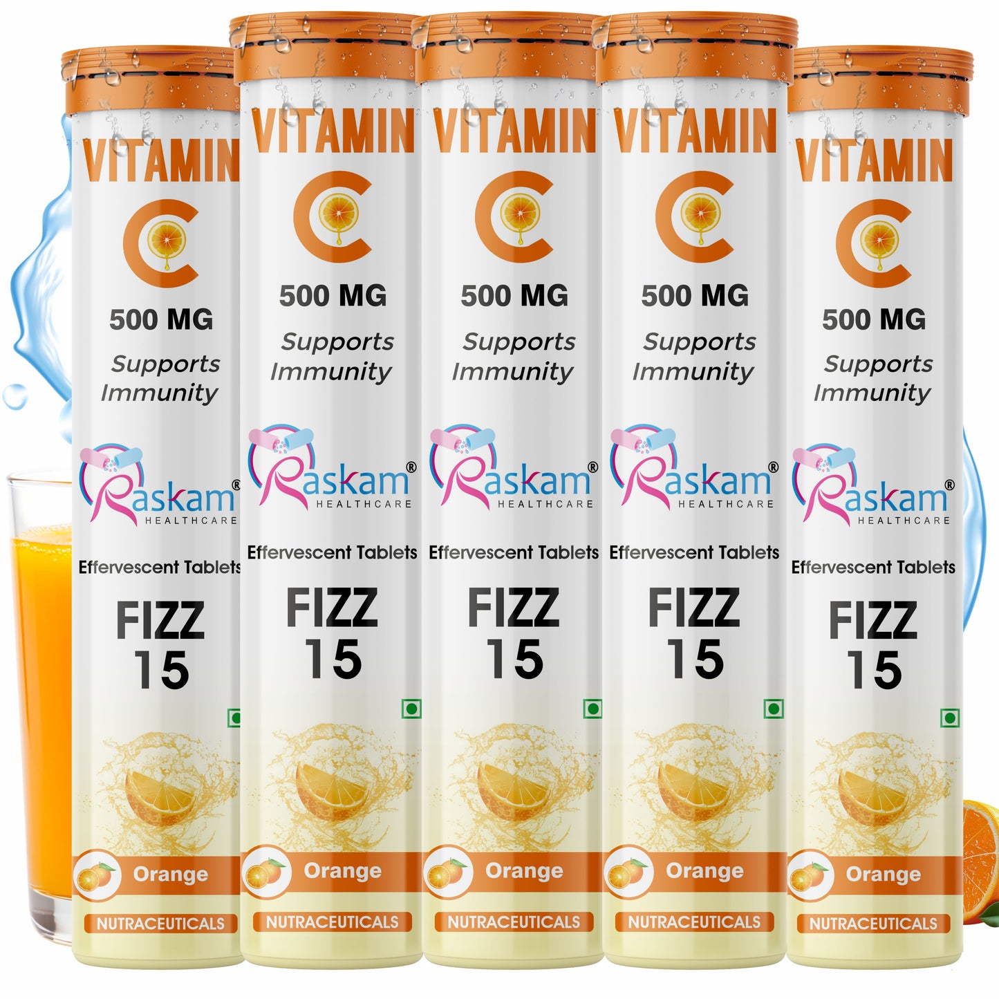 Raskam Vitamin C Effervescent Tablets with Zinc + Vitamin D3 | Natural and Organic Immunity Booster | Refreshing Orange Flavor | 500mg Vitamin C (Pack of 15 Effervescent Tablets)