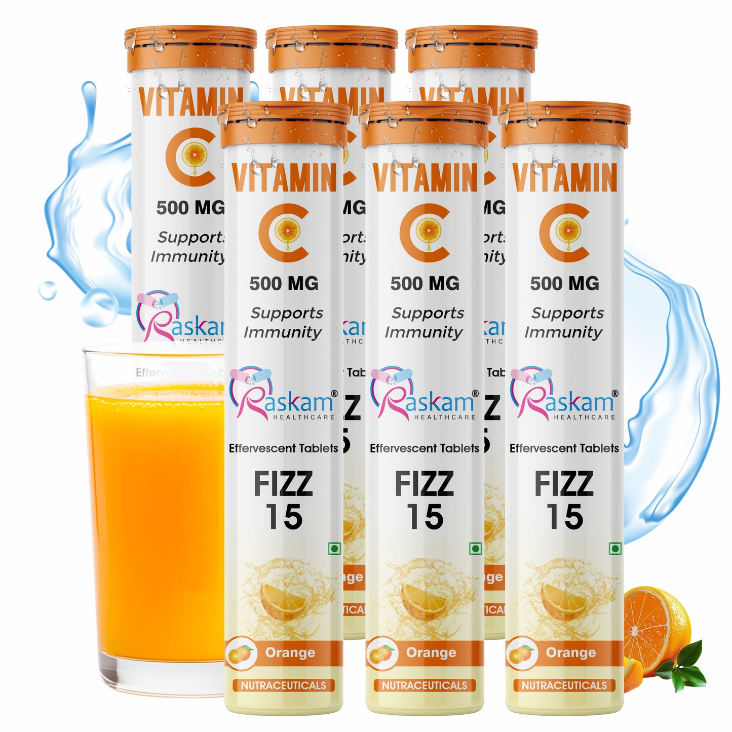 Raskam Vitamin C Effervescent Tablets with Zinc + Vitamin D3 | Natural and Organic Immunity Booster | Refreshing Orange Flavor | 500mg Vitamin C (Pack of 15 Effervescent Tablets)
