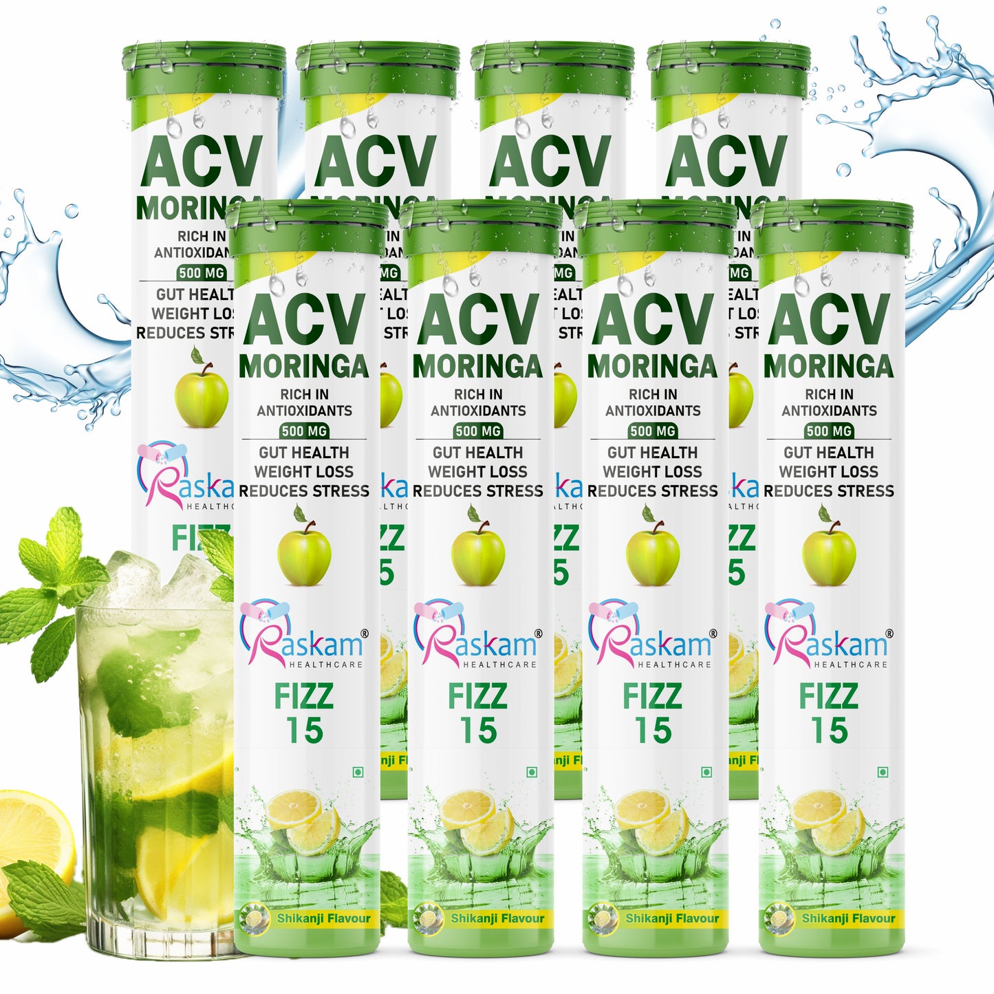 Raskam Apple Cider Vinegar (ACV) Moringa | Master Your Appetite & Boost Immunity | Natural Energy with Antioxidants | No Added Sugar | Shikanji Flavor | 15 Fizz Tablets (500mg)