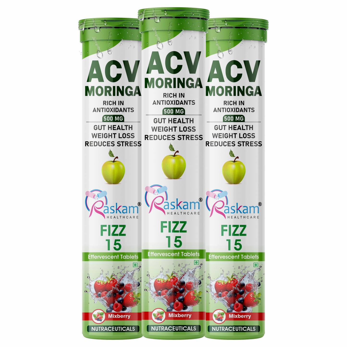 Raskam Apple Cider Vinegar (ACV) Moringa | Master Your Appetite & Boost Immunity | Natural Energy with Antioxidants | No Added Sugar | Mixberry Flavor | 15 Fizz Tablets (500mg)