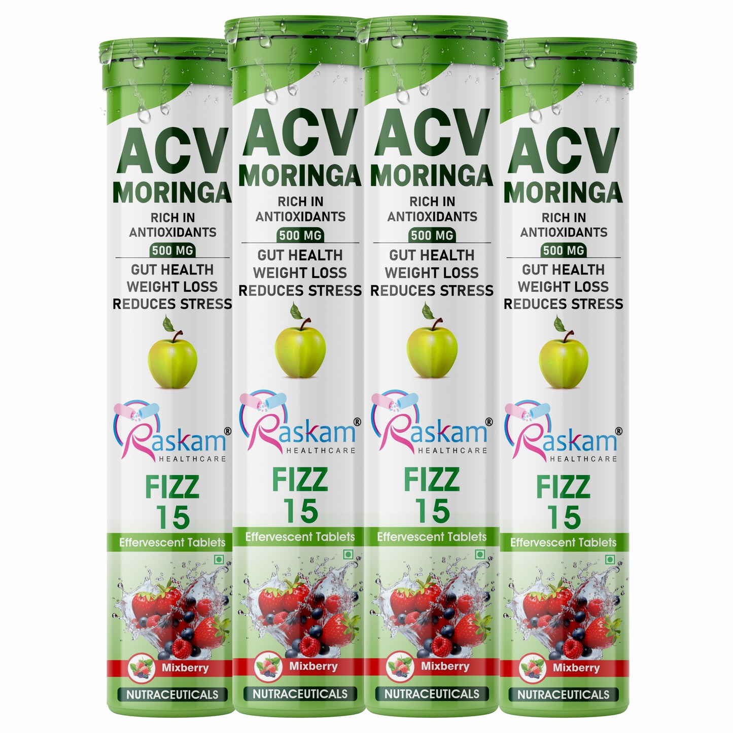 Raskam Apple Cider Vinegar (ACV) Moringa | Master Your Appetite & Boost Immunity | Natural Energy with Antioxidants | No Added Sugar | Mixberry Flavor | 15 Fizz Tablets (500mg)