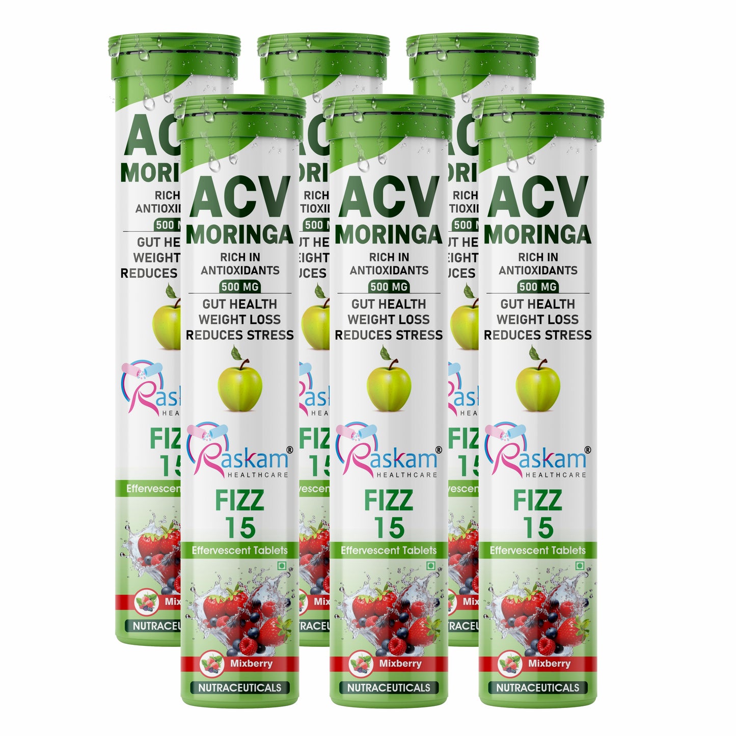 Raskam Apple Cider Vinegar (ACV) Moringa | Master Your Appetite & Boost Immunity | Natural Energy with Antioxidants | No Added Sugar | Mixberry Flavor | 15 Fizz Tablets (500mg)