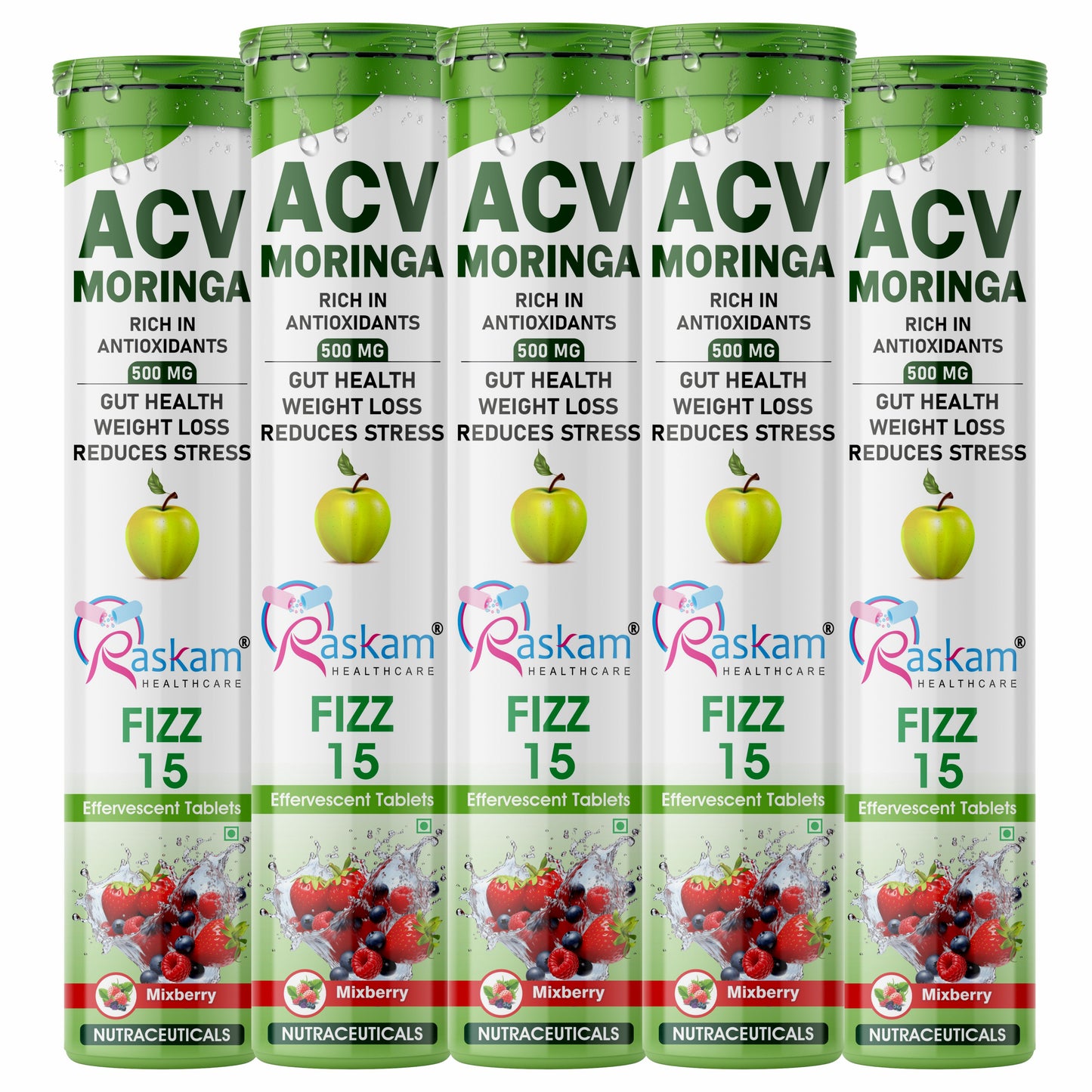 Raskam Apple Cider Vinegar (ACV) Moringa | Master Your Appetite & Boost Immunity | Natural Energy with Antioxidants | No Added Sugar | Mixberry Flavor | 15 Fizz Tablets (500mg)