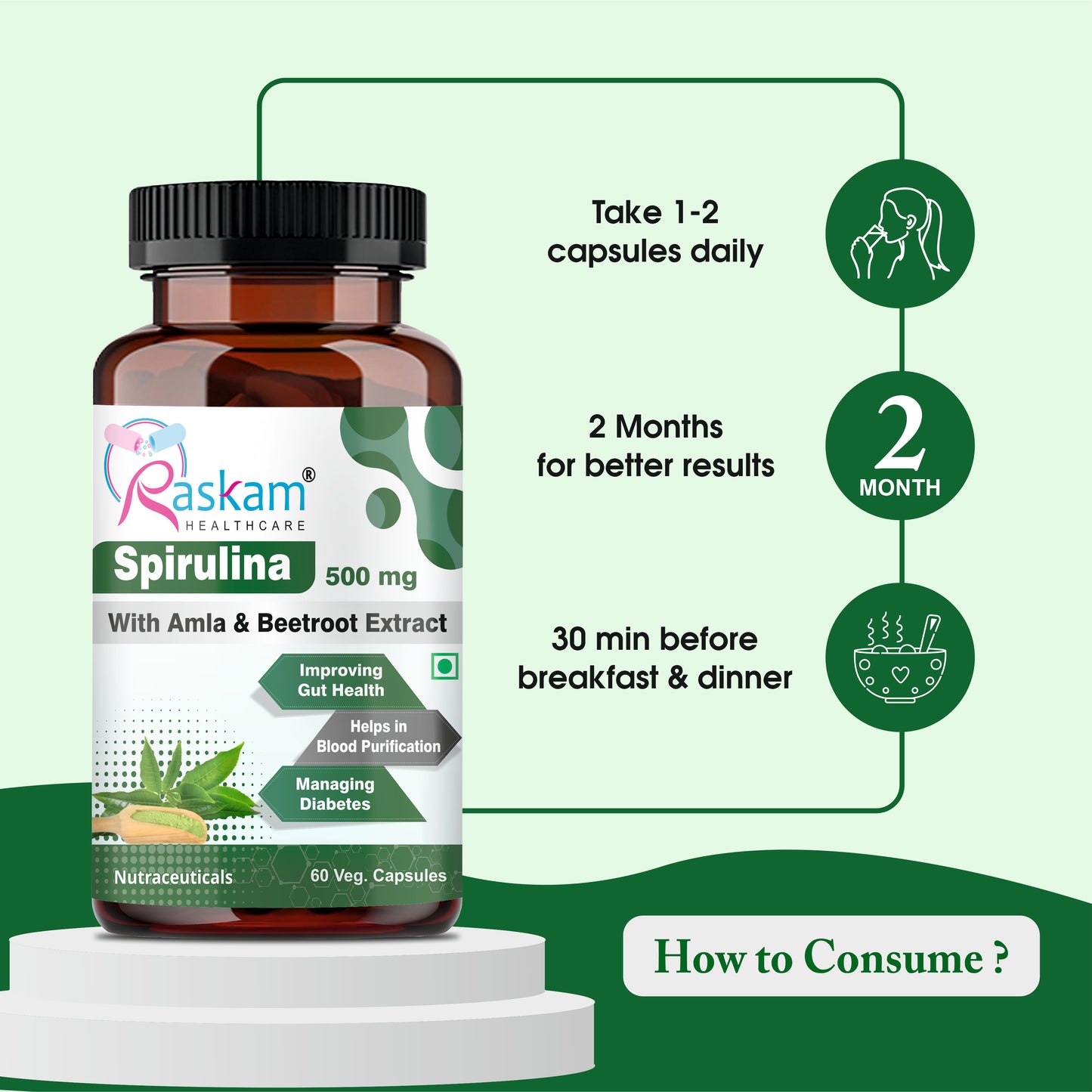 Raskam Spirulina-Super foods 60 capsules - Supports Weight Management & Boosts Immunity | For both Men & Women
