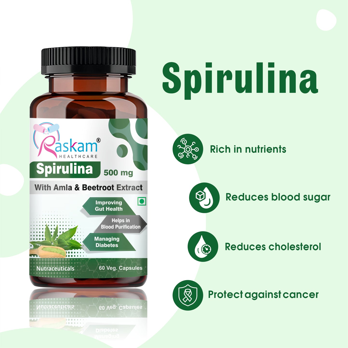 Raskam Spirulina-Super foods 60 capsules - Supports Weight Management & Boosts Immunity | For both Men & Women