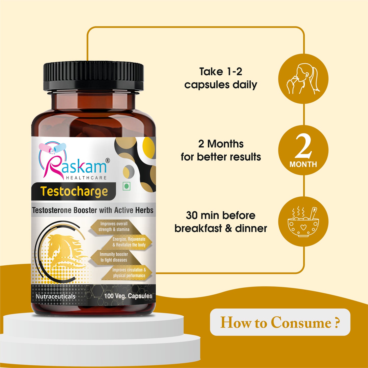 Raskam Testocharge - 100 Capsules Supports Strength & Stamina, For Men