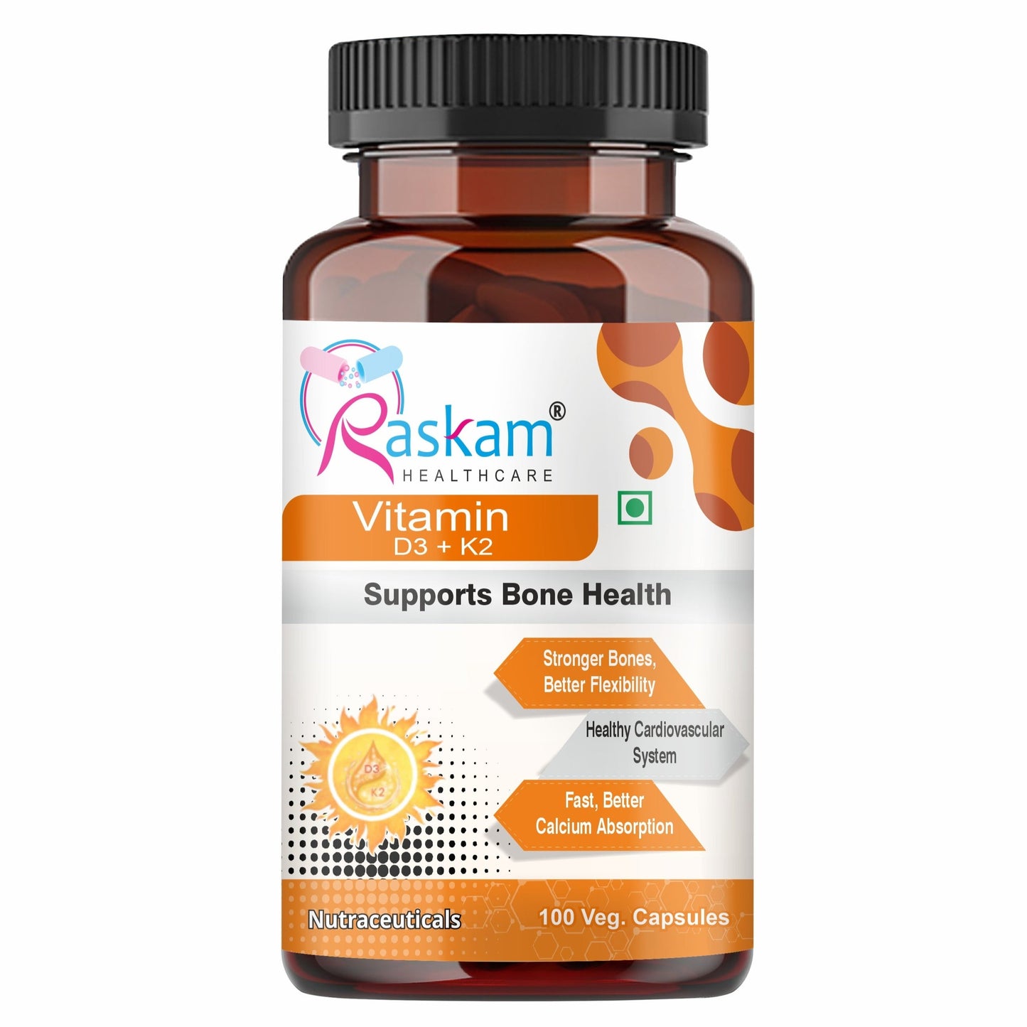 Raskam Vitamin D3 with K2- 100 capsules- Supports Stronger Immunity & Bone & Heart Health | Healthy Heart For Men And Women