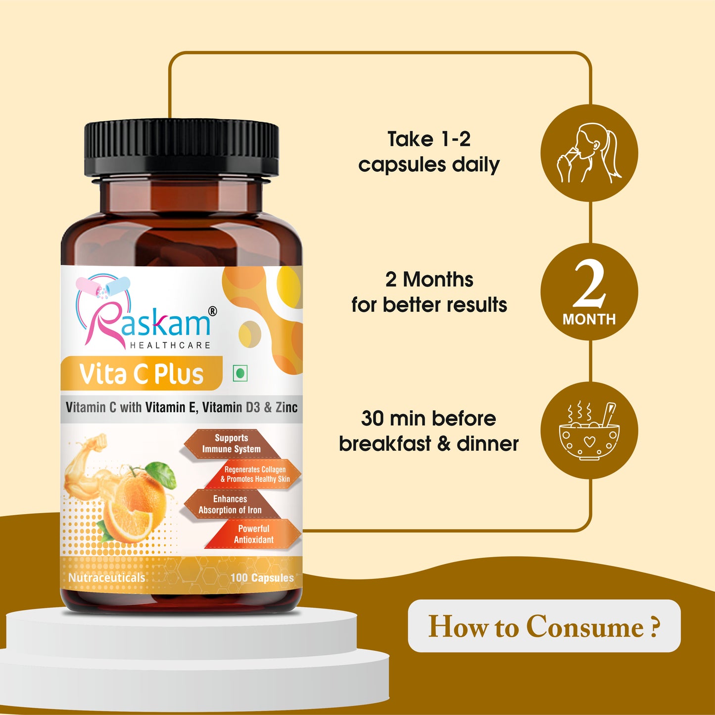 Raskam Vita C Plus - 100 Capsules - Antioxidant & Immune Support - Overall Health - Skin Anti-Ageing -Supports Healthy Skin & Joints
