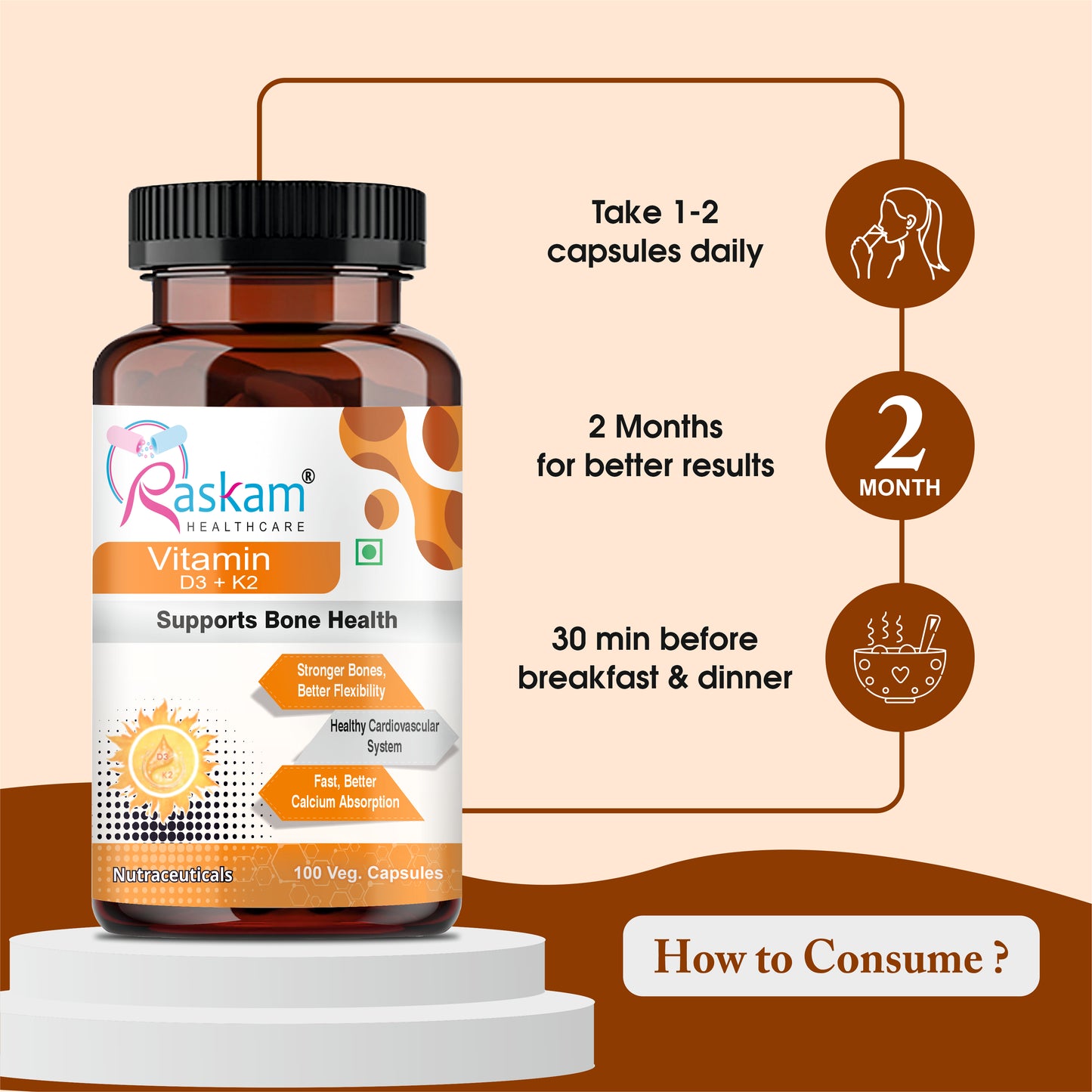 Raskam Vitamin D3 with K2- 100 capsules- Supports Stronger Immunity & Bone & Heart Health | Healthy Heart For Men And Women