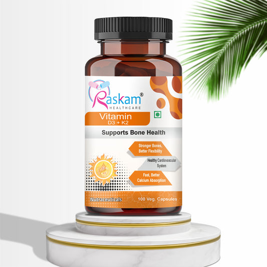 Raskam Vitamin D3 with K2- 100 capsules- Supports Stronger Immunity & Bone & Heart Health | Healthy Heart For Men And Women