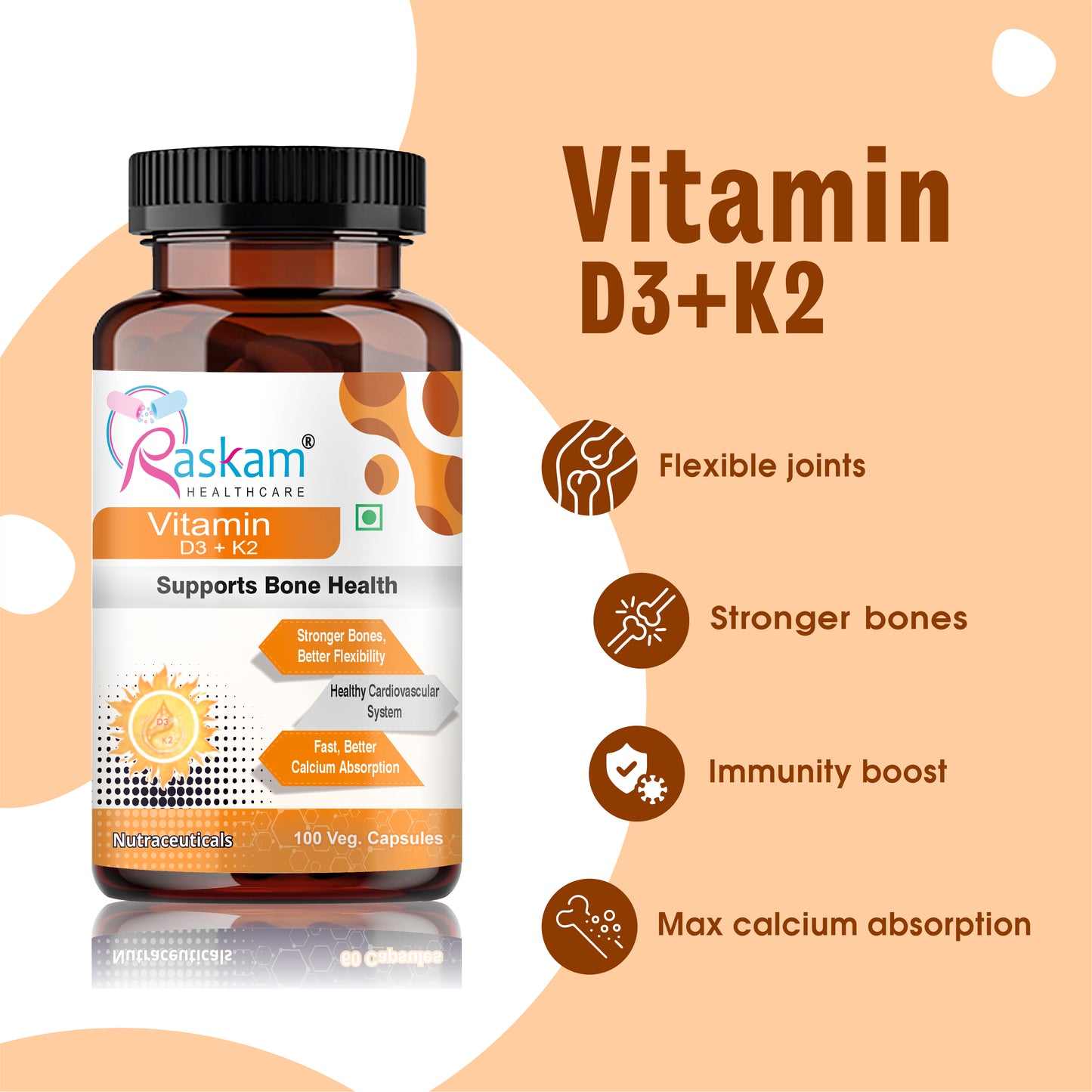 Raskam Vitamin D3 with K2- 100 capsules- Supports Stronger Immunity & Bone & Heart Health | Healthy Heart For Men And Women