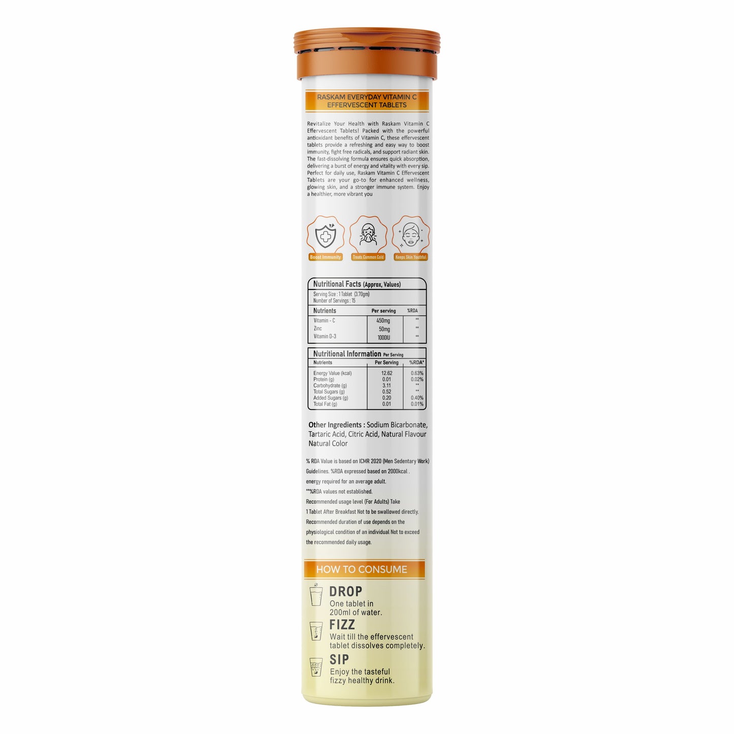 Raskam Vitamin C Effervescent Tablets with Zinc + Vitamin D3 | Natural and Organic Immunity Booster | Refreshing Orange Flavor | 500mg Vitamin C (Pack of 15 Effervescent Tablets)
