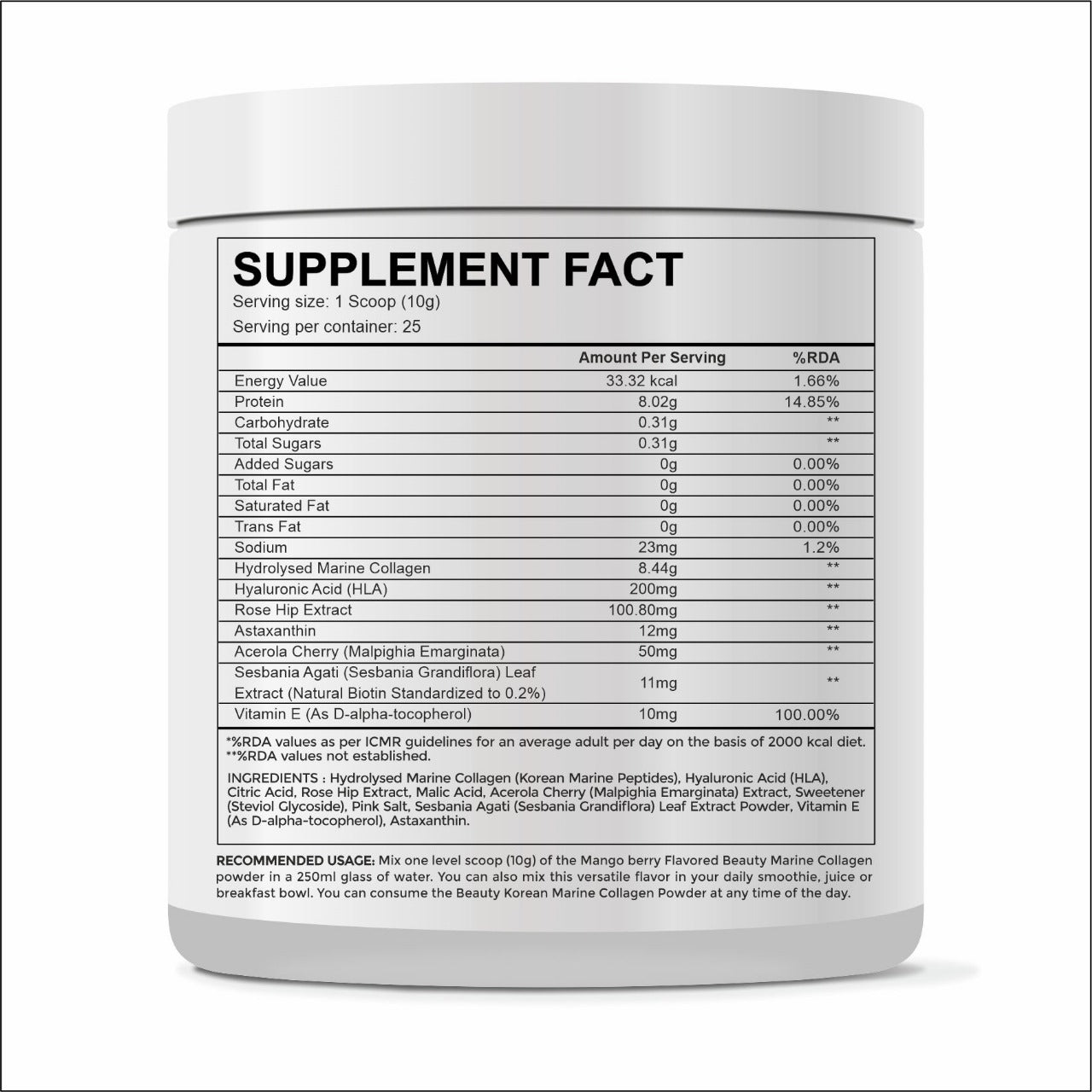 Raskam Beauty Collagen Powder for Men & Women | Collagen Powder with Biotin, Vitamins C & E for Hair, Nails, Skin Radiance & Anti-Aging Flav- Mango Berry (100gm , 250 gm)