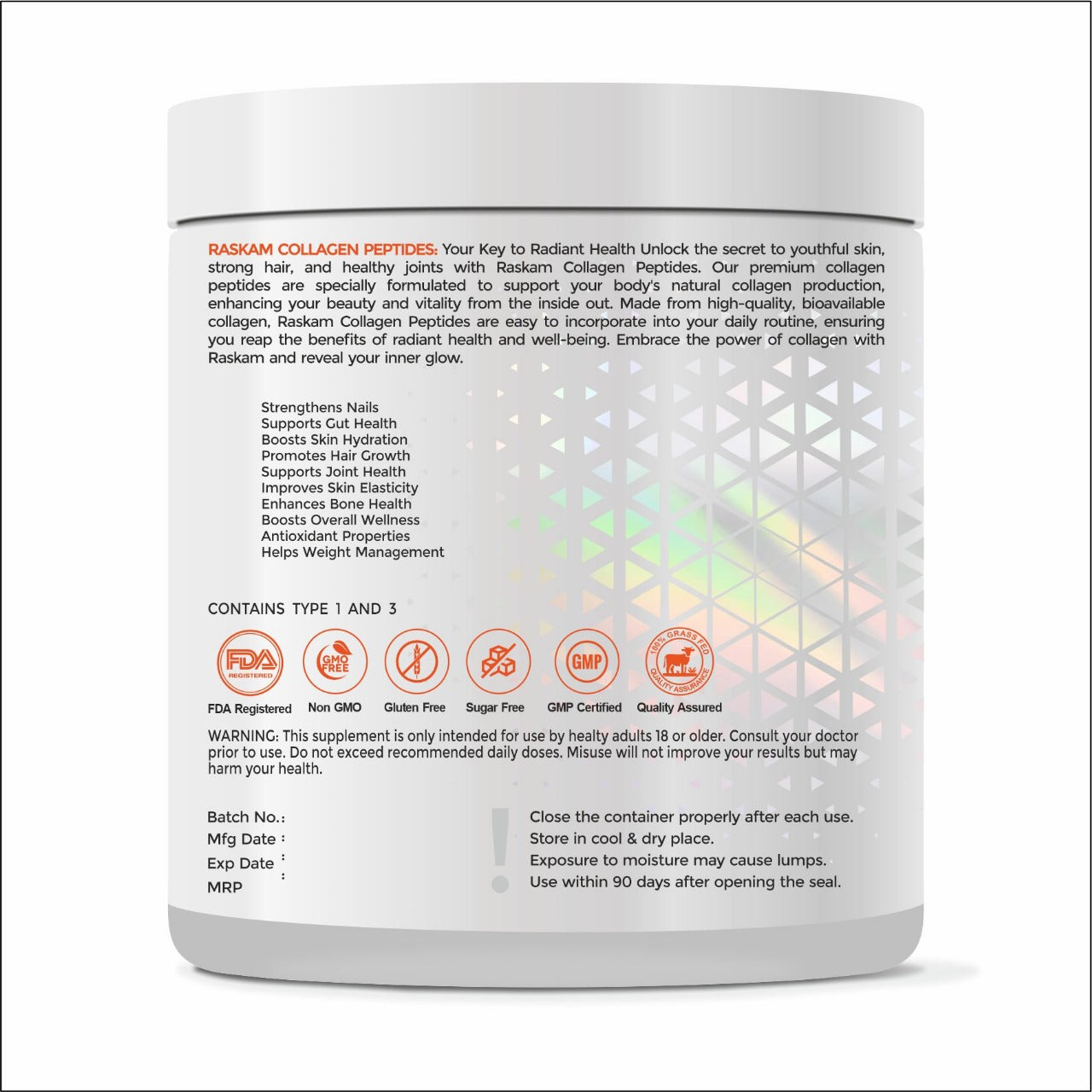 Raskam Advanced Collagen Peptides Powder for Men & Women | Collagen Powder with Biotin, Vitamins C & E for Hair, Nails, Skin Radiance & Anti-Aging Flav- Banana Berry (100gm , 265 gm)