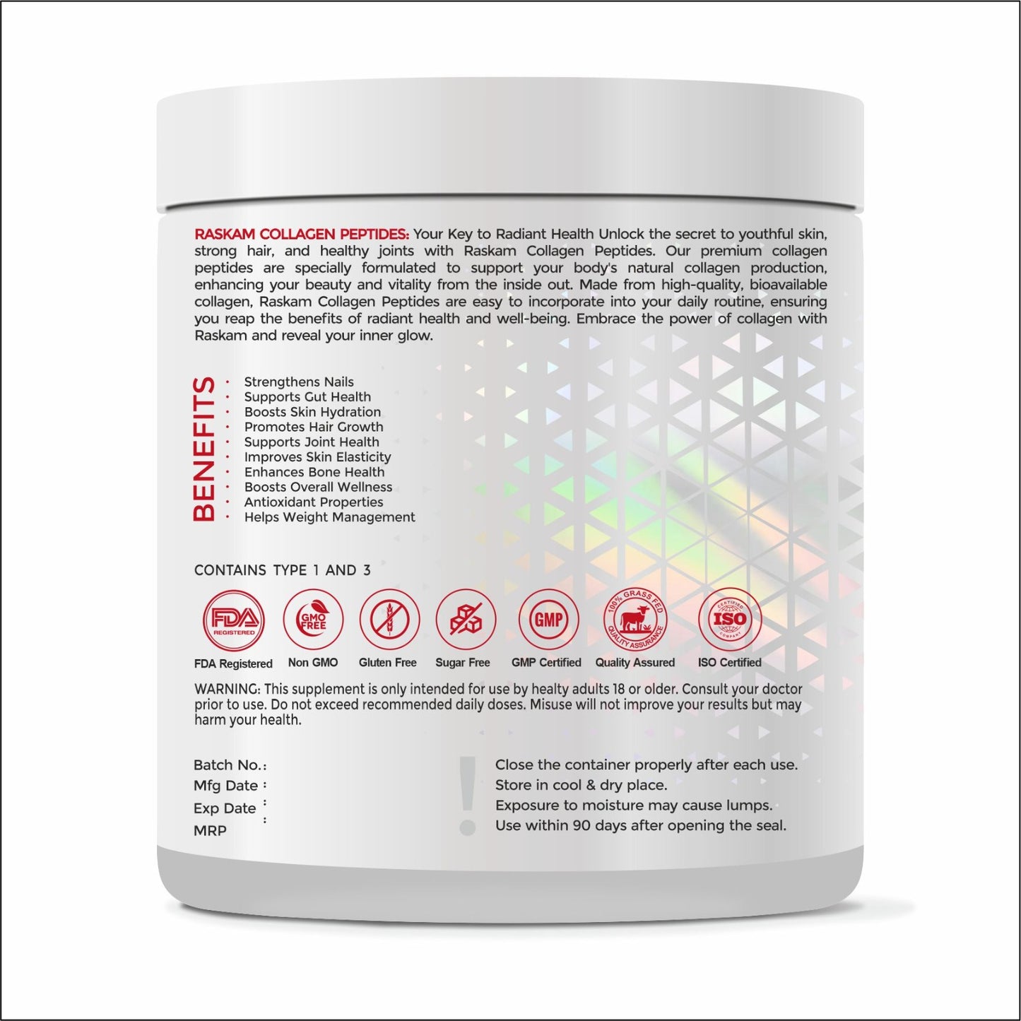 Raskam Advanced Collagen Peptides Powder for Men & Women | Collagen Powder with Biotin, Vitamins C & E for Hair, Nails, Skin Radiance & Anti-Aging Flav- Strawberry (265gm , 100gm)