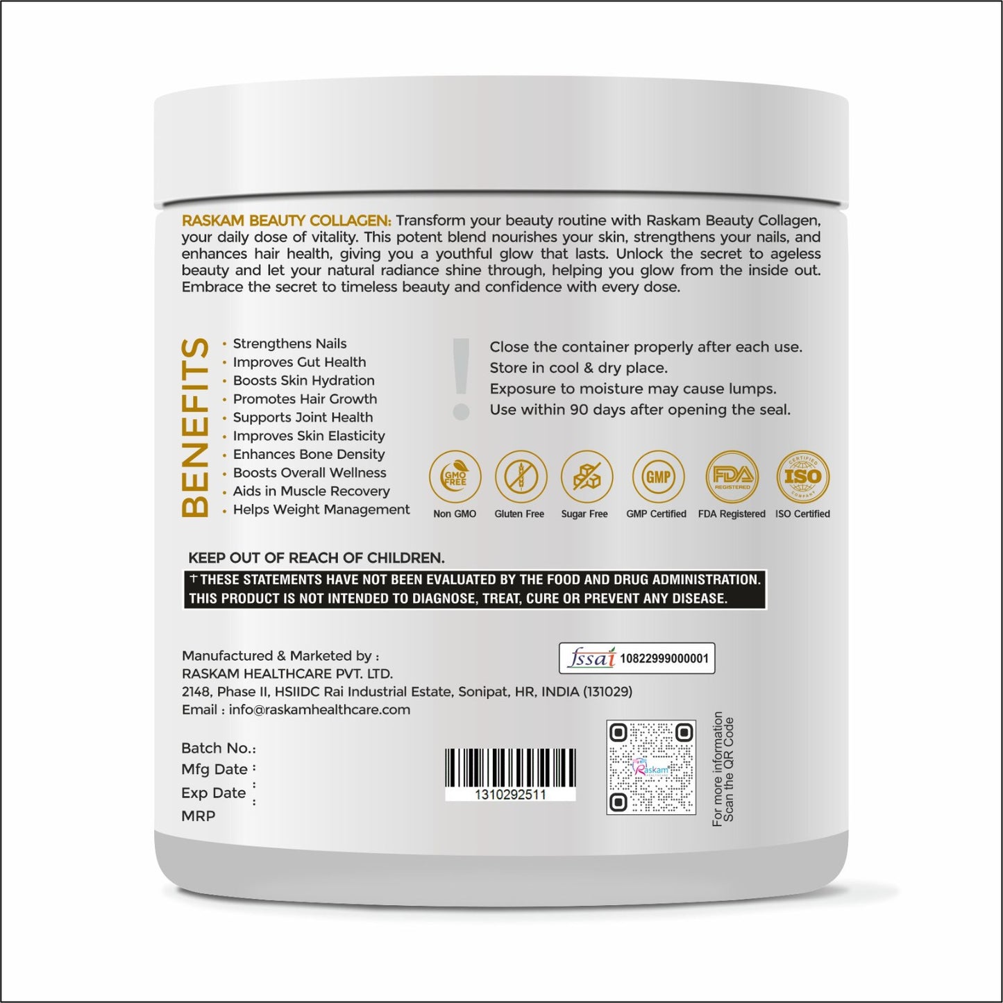 Raskam Beauty Collagen Powder for Men & Women | Collagen Powder with Biotin, Vitamins C & E for Hair, Nails, Skin Radiance & Anti-Aging Flav- Mango Berry (100gm , 250 gm)