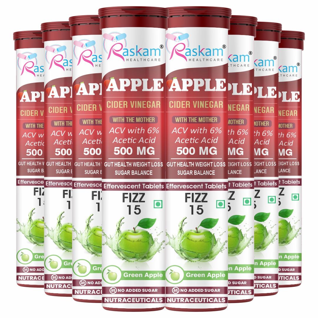Raskam Apple Cider Vinegar Effervescent Tablets | ACV for Digestion, Gut Health, Metabolism & Weight Management | No Added Sugar | Green Apple Flavor | 15 Fizz Tablets (500mg)