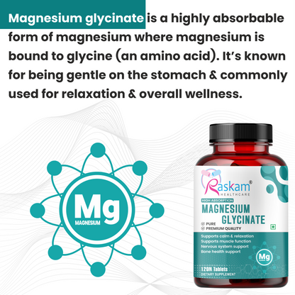 Raskam Magnesium Glycinate, 2000mg per serving, 120 vegetarian tablets, supports muscle recovery, sleep and nerve health