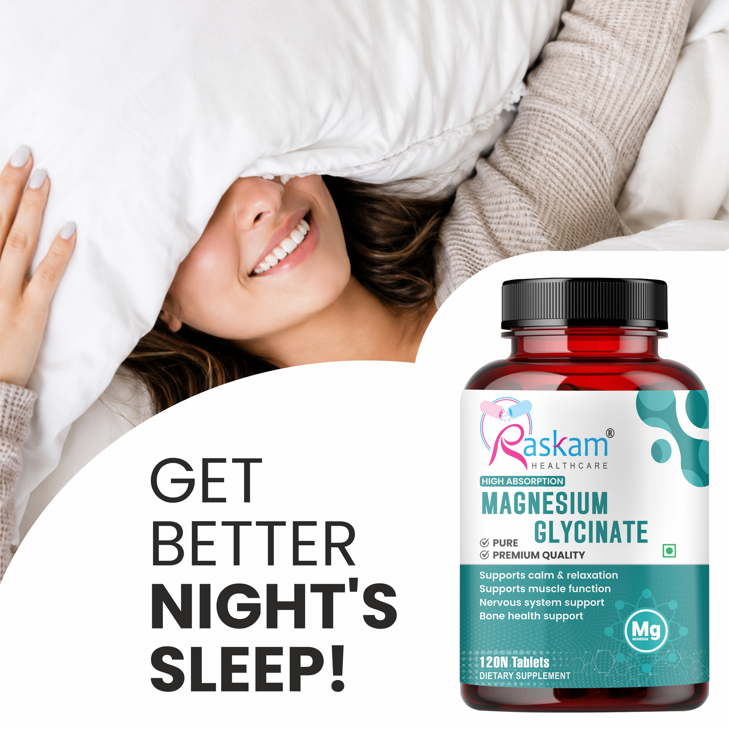 Raskam Magnesium Glycinate, 2000mg per serving, 120 vegetarian tablets, supports muscle recovery, sleep and nerve health
