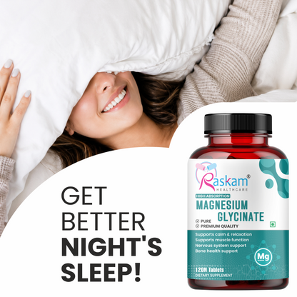 Raskam Magnesium Glycinate, 2000mg per serving, 120 vegetarian tablets, supports muscle recovery, sleep and nerve health