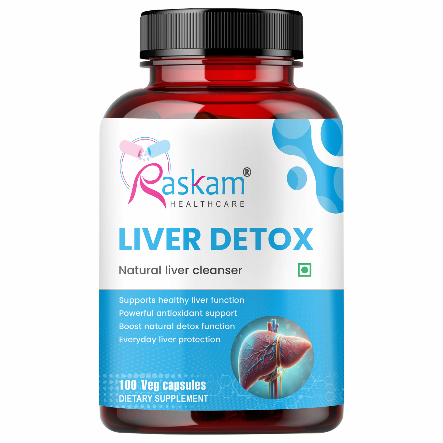 Raskam Liver Detox - 100 Capsules Natural Detoxification Formula - Digestive Enzymes - Supports Liver - Fit Health Fatty Liver Care- Body Detox Support