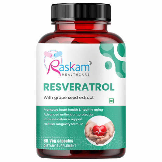 Raskam Resveratrol supplement with grape seed extract | capsules with highly bioavailable | antioxidant support for healthy aging | heart, immune & skin support | 60 veg capsules