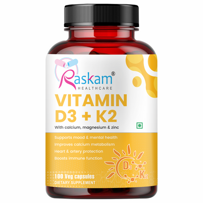 Raskam Vitamin D3 with K2- 100 capsules- Supports Stronger Immunity & Bone & Heart Health | Healthy Heart For Men And Women
