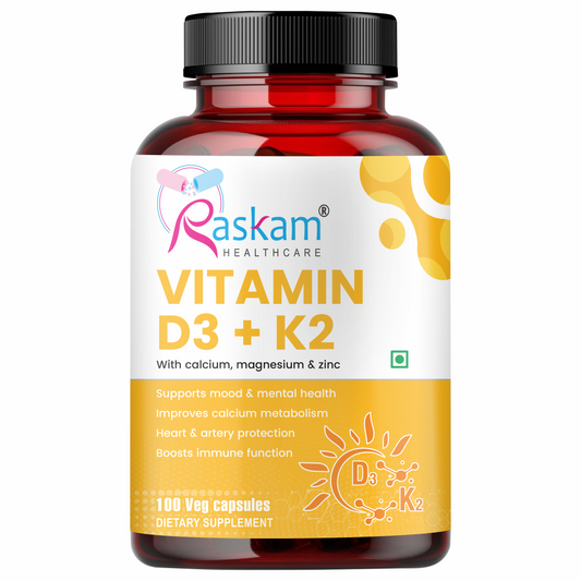 Raskam Vitamin D3 with K2- 100 capsules- Supports Stronger Immunity & Bone & Heart Health | Healthy Heart For Men And Women